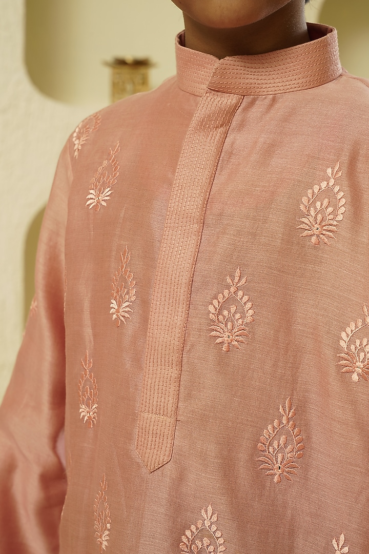 Old Rose Chanderi Embroidered Kurta Set For Boys by Lil Gems by RAR Studio at Pernia's Pop Up Shop