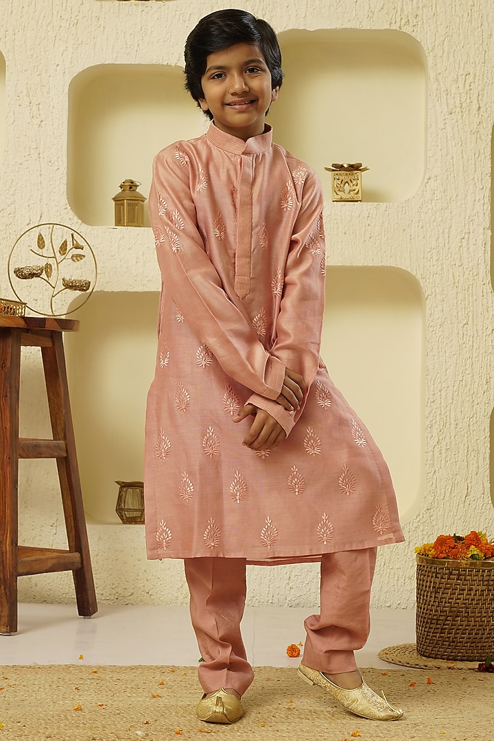Old Rose Chanderi Embroidered Kurta Set For Boys by Lil Gems by RAR Studio at Pernia's Pop Up Shop