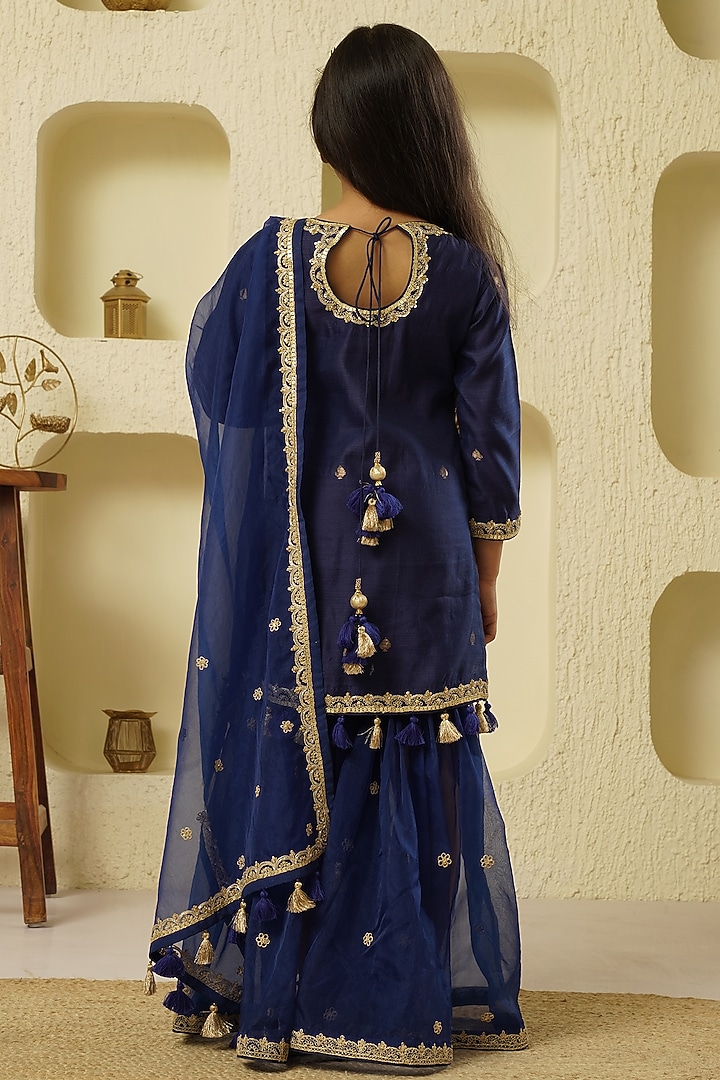 Indigo Chanderi Silk Sharara Set For Girls by Lil Gems by RAR Studio at Pernia's Pop Up Shop