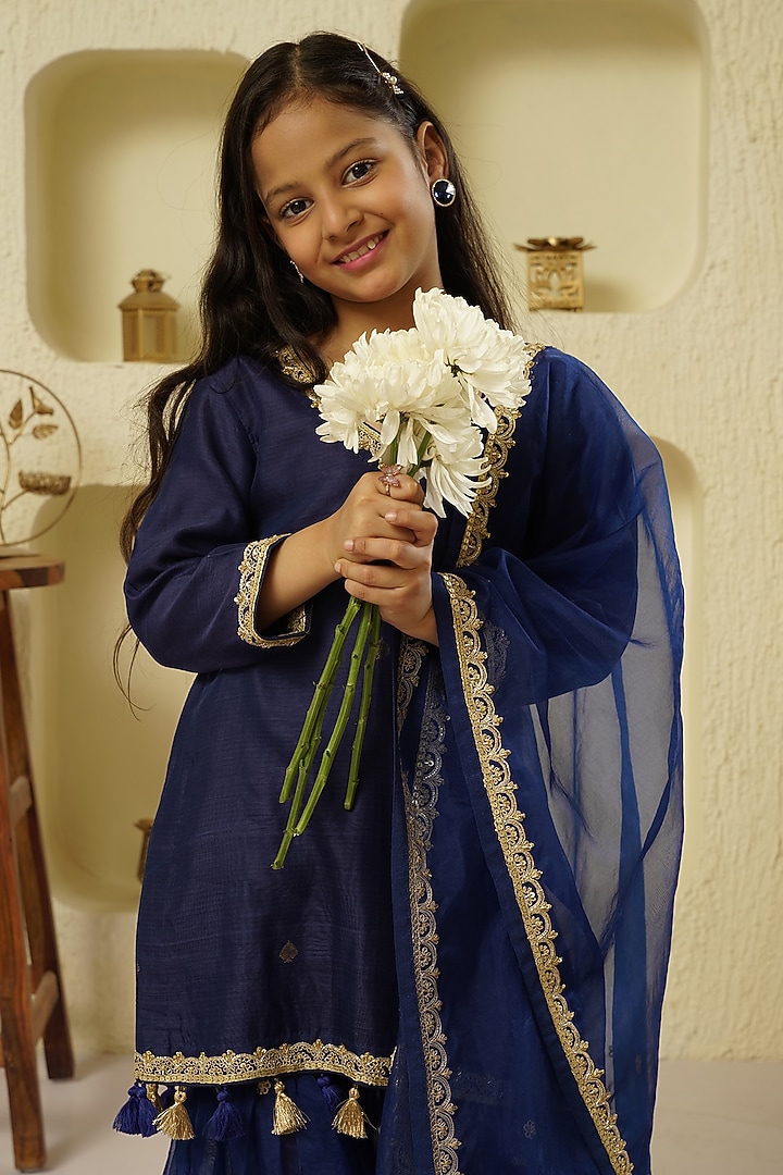 Indigo Chanderi Silk Sharara Set For Girls by Lil Gems by RAR Studio at Pernia's Pop Up Shop