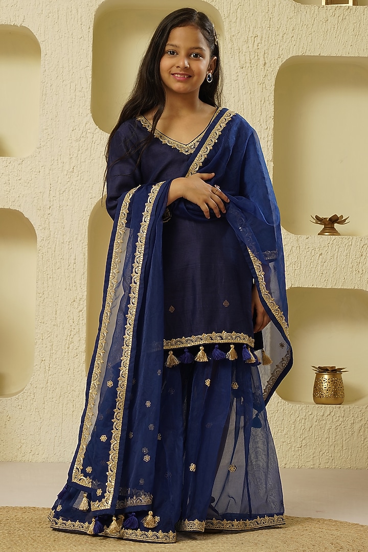 Indigo Chanderi Silk Sharara Set For Girls by Lil Gems by RAR Studio at Pernia's Pop Up Shop