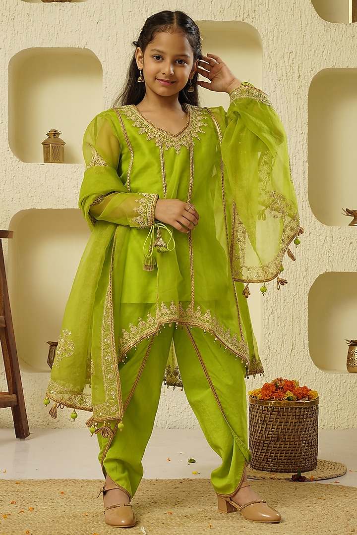 Lime Green Chanderi Silk Dhoti Set For Girls by Lil Gems by RAR Studio