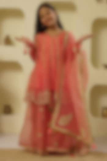 Pink Chanderi Silk Sharara Set For Girls by Lil Gems by RAR Studio