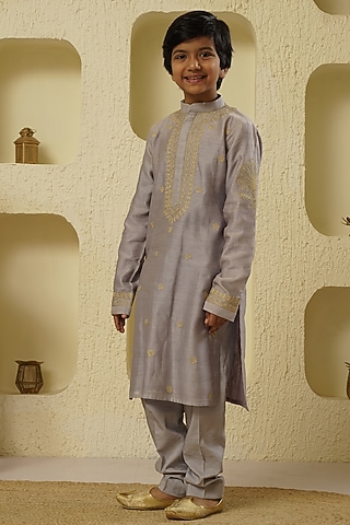 Pale Blue Chanderi Silk Embroidered Kurta Set For Boys by Lil Gems by RAR Studio