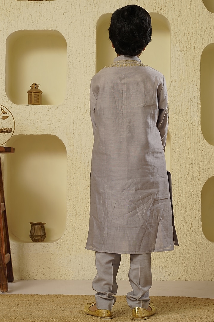 Pale Blue Chanderi Silk Embroidered Kurta Set For Boys by Lil Gems by RAR Studio at Pernia's Pop Up Shop