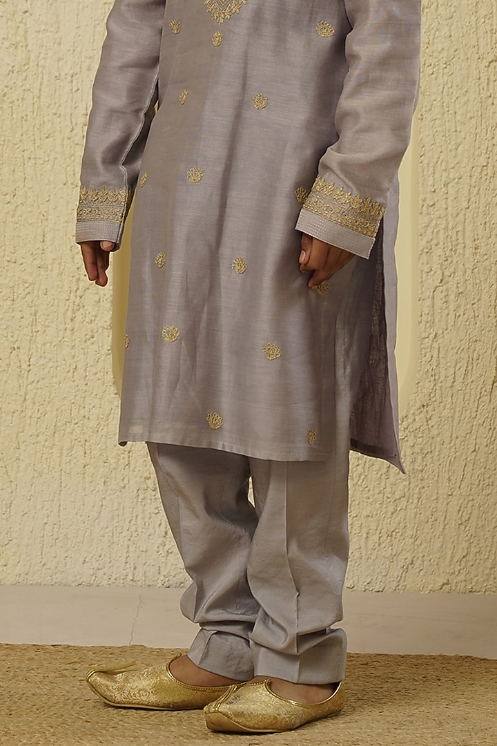 Pale Blue Chanderi Silk Embroidered Kurta Set For Boys by Lil Gems by RAR Studio at Pernia's Pop Up Shop