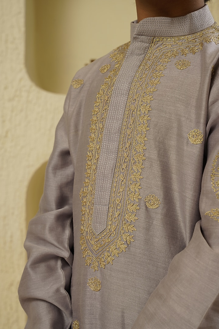 Pale Blue Chanderi Silk Embroidered Kurta Set For Boys by Lil Gems by RAR Studio at Pernia's Pop Up Shop