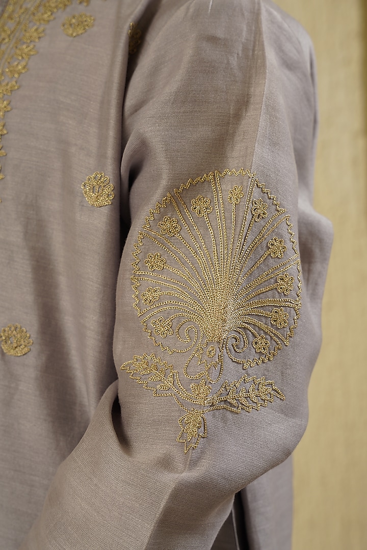 Pale Blue Chanderi Silk Embroidered Kurta Set For Boys by Lil Gems by RAR Studio at Pernia's Pop Up Shop