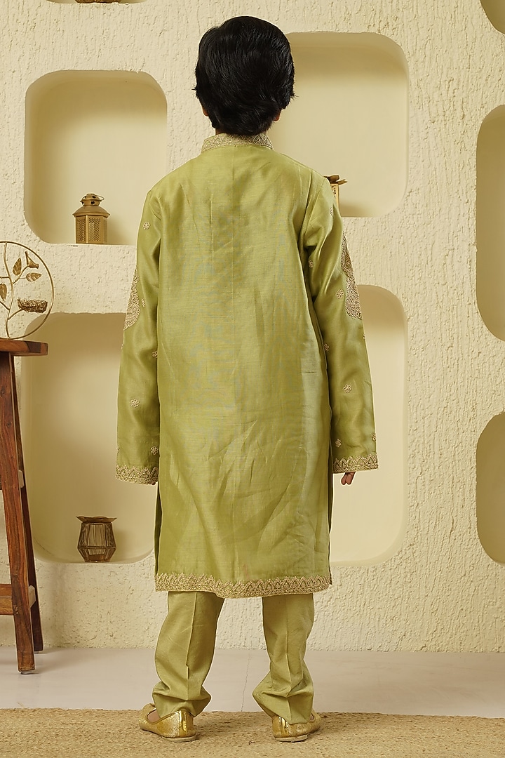 Pistachio Chanderi Silk Embroidered Kurta Set For Boys by Lil Gems by RAR Studio at Pernia's Pop Up Shop