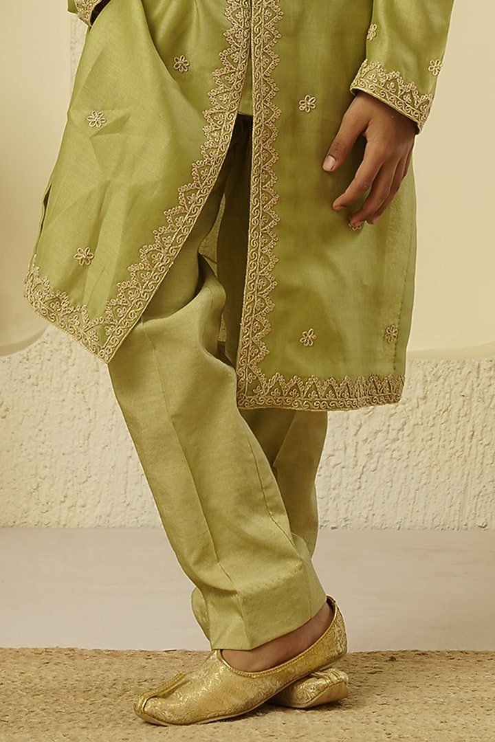 Pistachio Chanderi Silk Embroidered Kurta Set For Boys by Lil Gems by RAR Studio at Pernia's Pop Up Shop
