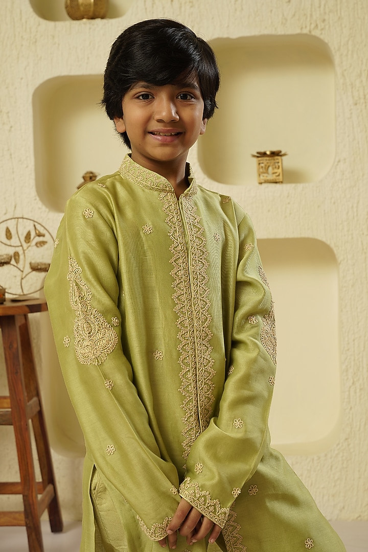 Pistachio Chanderi Silk Embroidered Kurta Set For Boys by Lil Gems by RAR Studio at Pernia's Pop Up Shop
