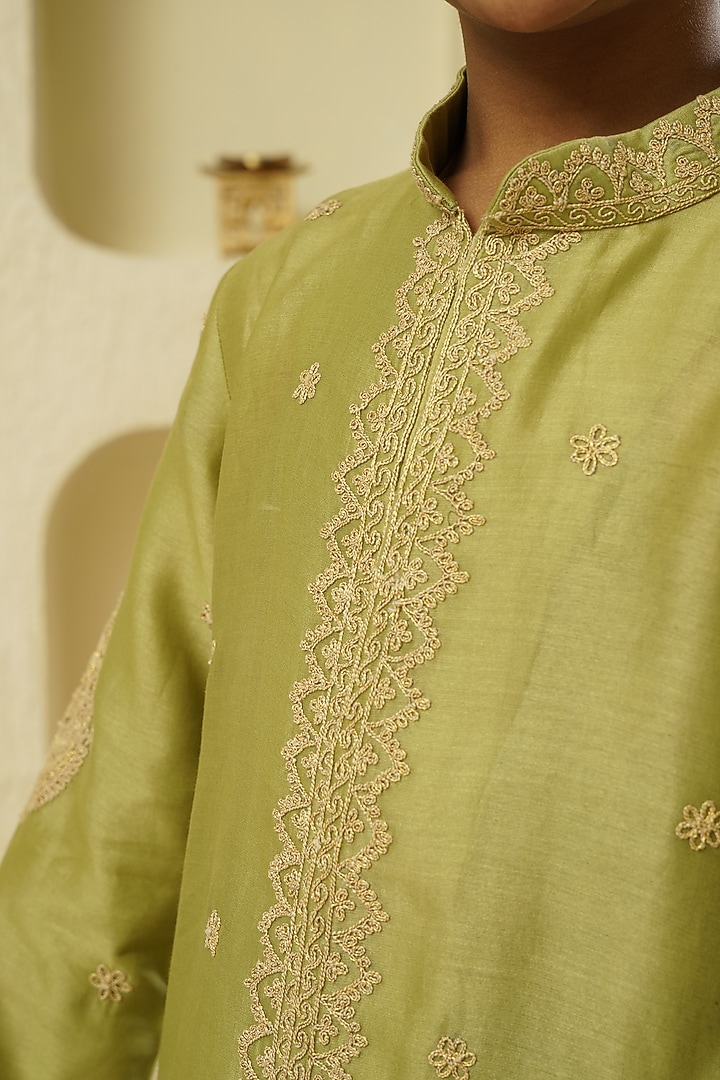 Pistachio Chanderi Silk Embroidered Kurta Set For Boys by Lil Gems by RAR Studio at Pernia's Pop Up Shop