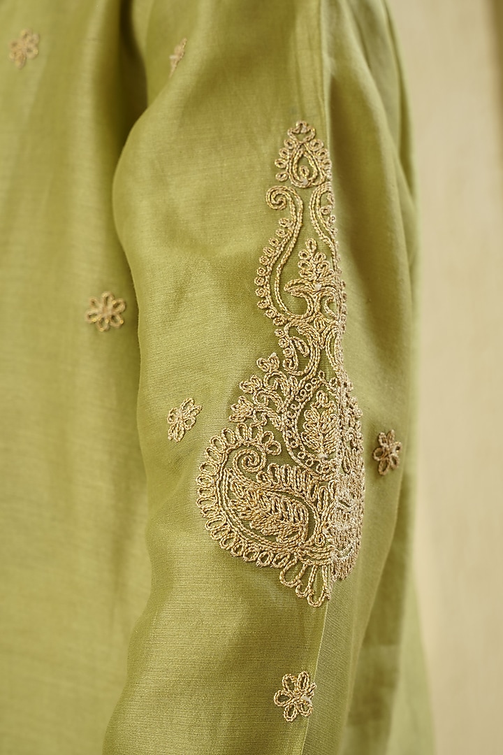 Pistachio Chanderi Silk Embroidered Kurta Set For Boys by Lil Gems by RAR Studio at Pernia's Pop Up Shop