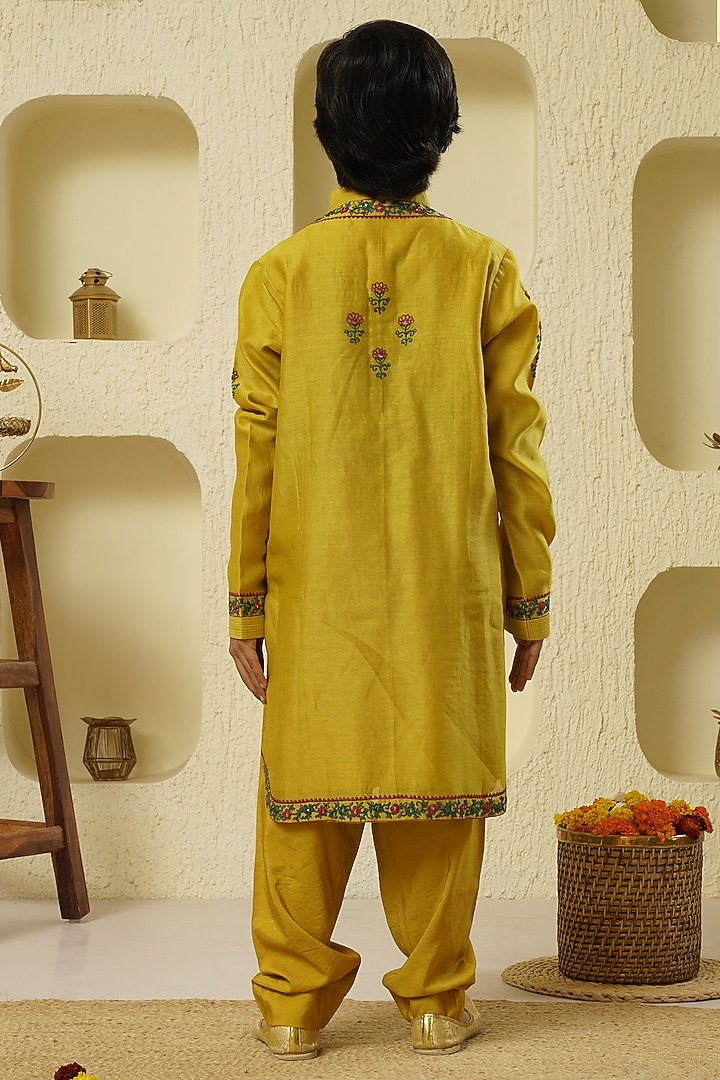 Mustard Chanderi Silk Embroidered Kurta Set For Boys by Lil Gems by RAR Studio at Pernia's Pop Up Shop