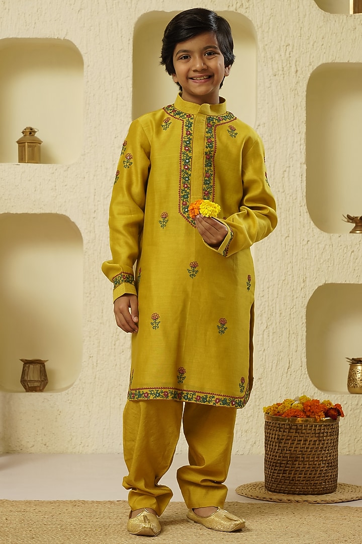 Mustard Chanderi Silk Embroidered Kurta Set For Boys by Lil Gems by RAR Studio at Pernia's Pop Up Shop