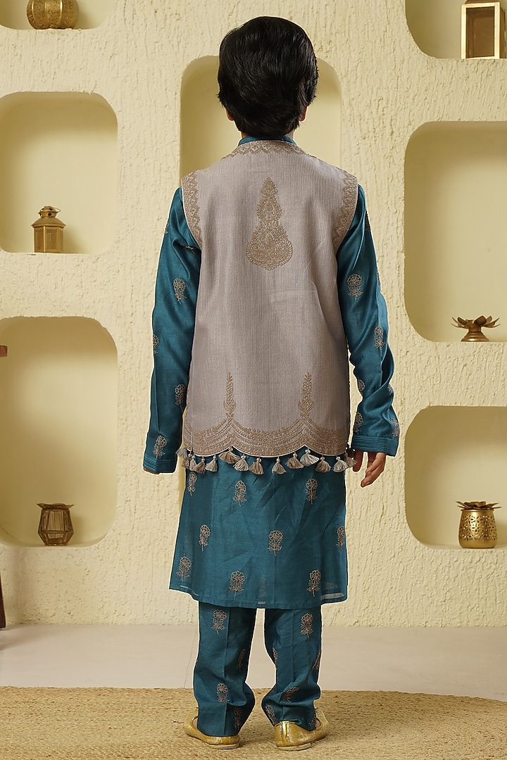 Grey Chanderi Silk Embroidered Bundi Jacket With Kurta Set For Boys by Lil Gems by RAR Studio at Pernia's Pop Up Shop