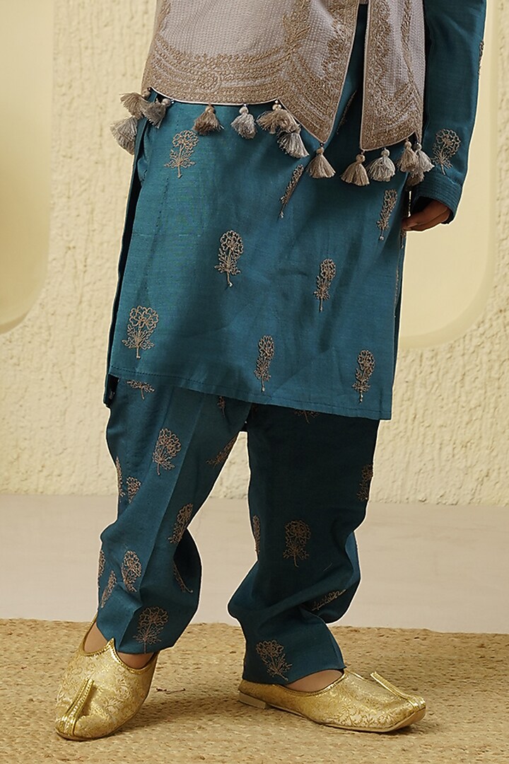 Grey Chanderi Silk Embroidered Bundi Jacket With Kurta Set For Boys by Lil Gems by RAR Studio at Pernia's Pop Up Shop