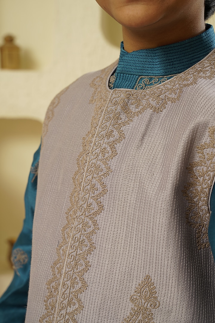 Grey Chanderi Silk Embroidered Bundi Jacket With Kurta Set For Boys by Lil Gems by RAR Studio at Pernia's Pop Up Shop