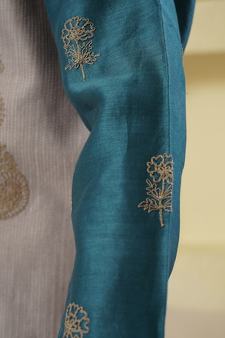 Grey Chanderi Silk Embroidered Bundi Jacket With Kurta Set For Boys by Lil Gems by RAR Studio at Pernia's Pop Up Shop
