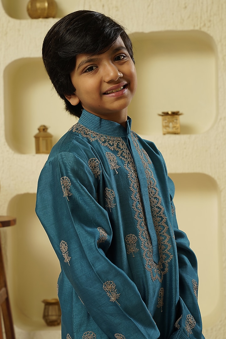 Blue Chanderi Silk Embroidered Kurta Set For Boys by Lil Gems by RAR Studio at Pernia's Pop Up Shop