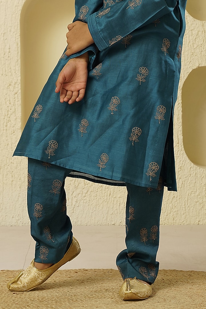 Blue Chanderi Silk Embroidered Kurta Set For Boys by Lil Gems by RAR Studio at Pernia's Pop Up Shop