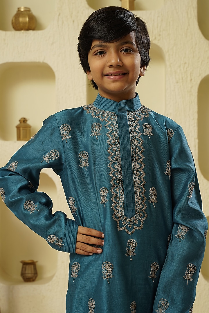 Blue Chanderi Silk Embroidered Kurta Set For Boys by Lil Gems by RAR Studio at Pernia's Pop Up Shop