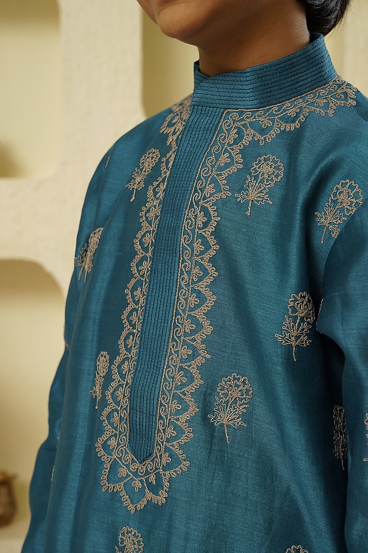 Blue Chanderi Silk Embroidered Kurta Set For Boys by Lil Gems by RAR Studio at Pernia's Pop Up Shop