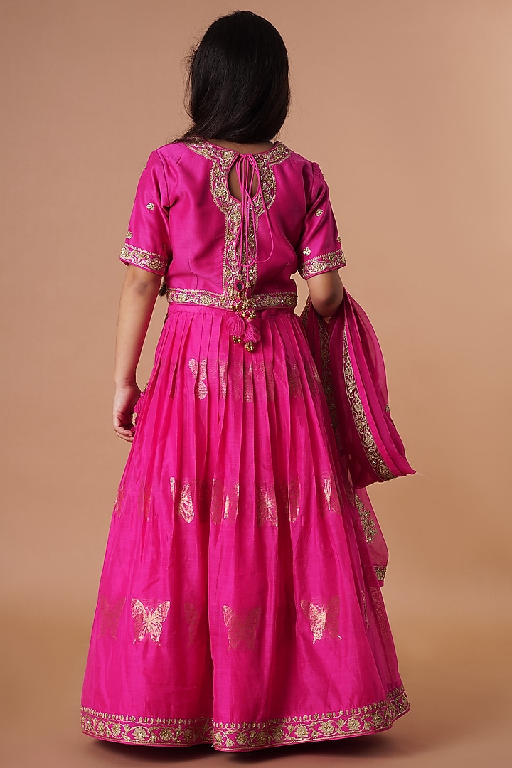 Fuchsia Chanderi Embroidered Lehenga Set For Girls by Lil Gems by RAR Studio at Pernia's Pop Up Shop