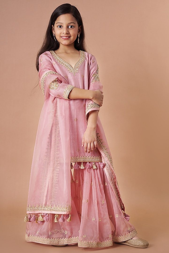Old Rose Embroidered Sharara Set For Girls by Lil Gems by RAR Studio