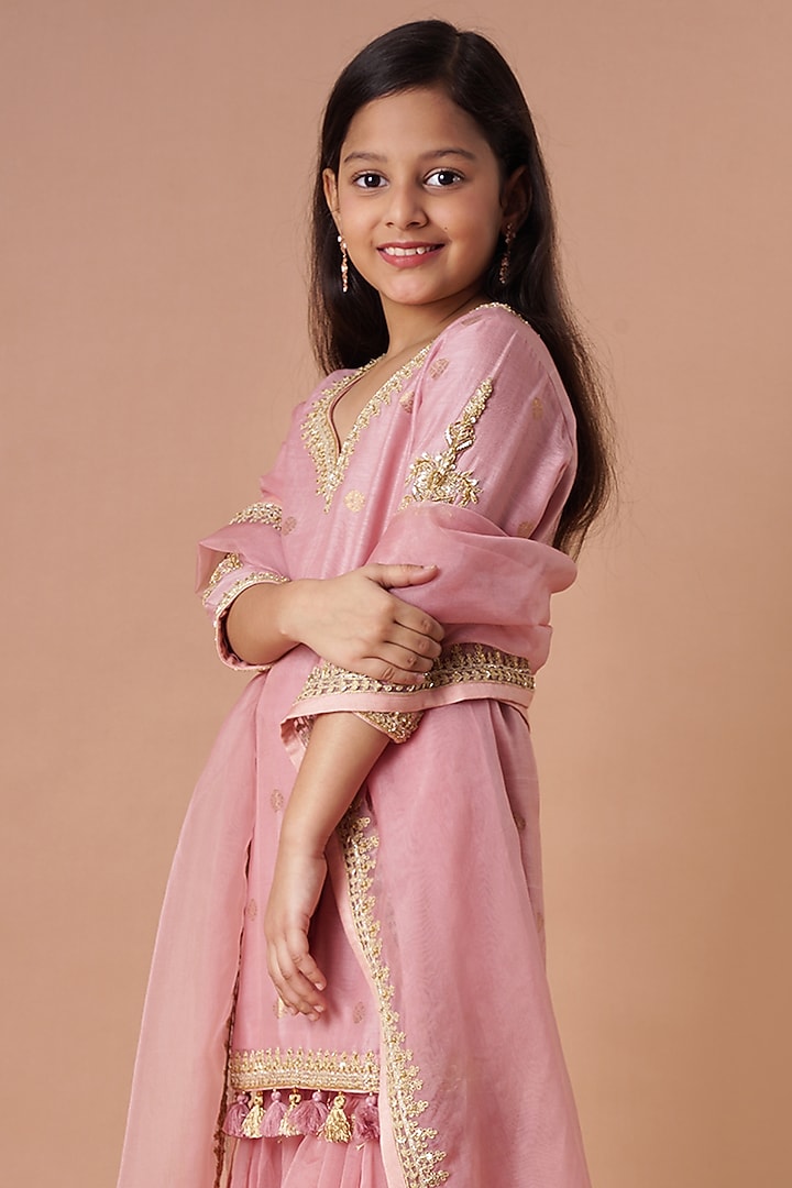 Old Rose Embroidered Sharara Set For Girls by Lil Gems by RAR Studio at Pernia's Pop Up Shop