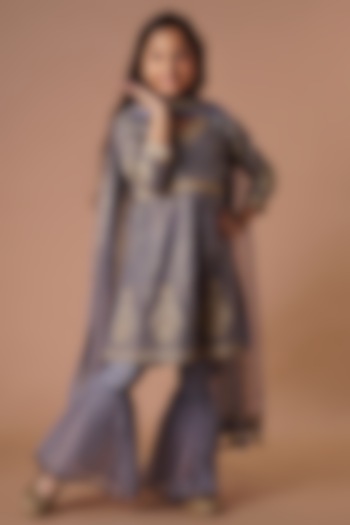 Grey Chanderi & Dhari Tissue Embroidered Sharara Set For Girls by Lil Gems by RAR Studio