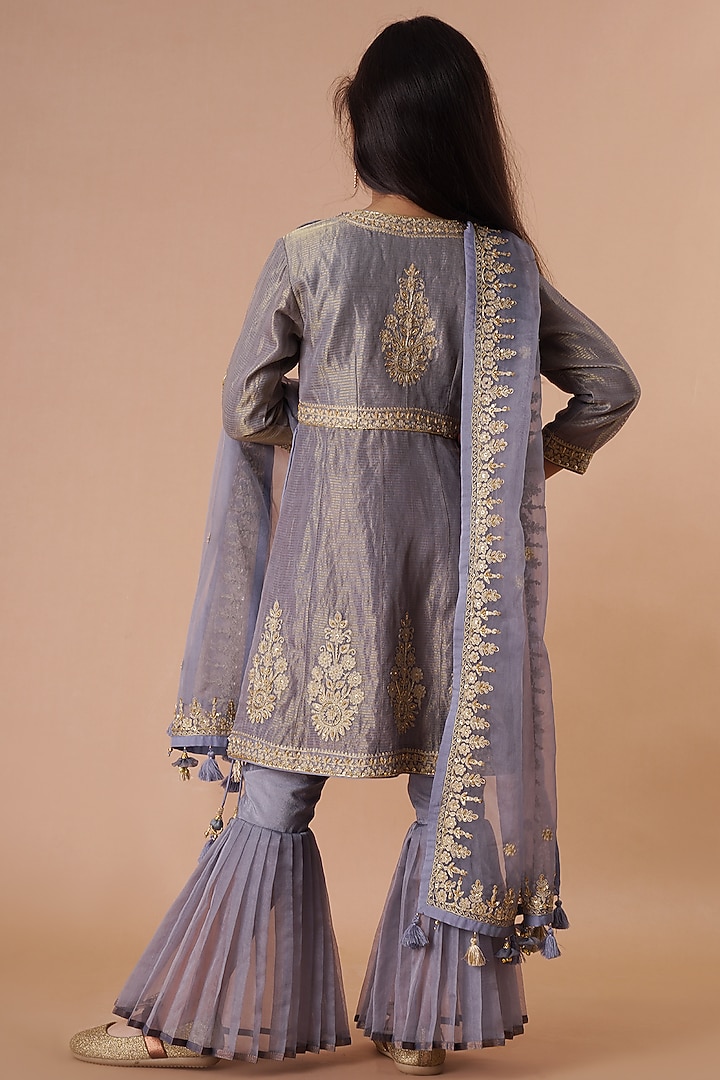 Grey Chanderi & Dhari Tissue Embroidered Sharara Set For Girls by Lil Gems by RAR Studio at Pernia's Pop Up Shop