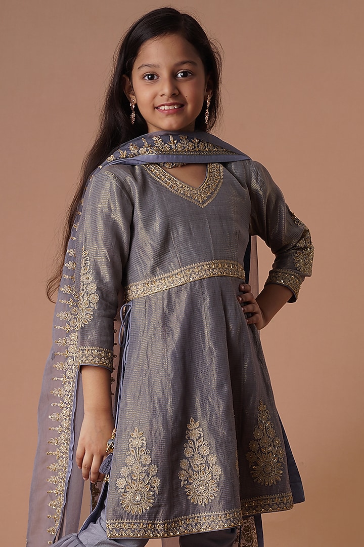 Grey Chanderi & Dhari Tissue Embroidered Sharara Set For Girls by Lil Gems by RAR Studio at Pernia's Pop Up Shop