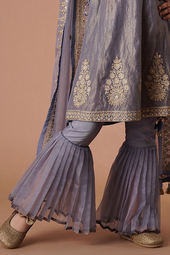 Grey Chanderi & Dhari Tissue Embroidered Sharara Set For Girls by Lil Gems by RAR Studio at Pernia's Pop Up Shop