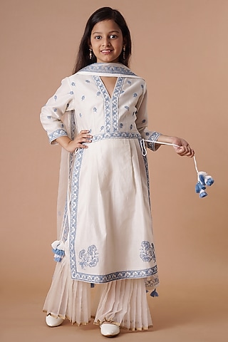 Ivory & Blue Chanderi Embroidered Sharara Set For Girls by Lil Gems by RAR Studio