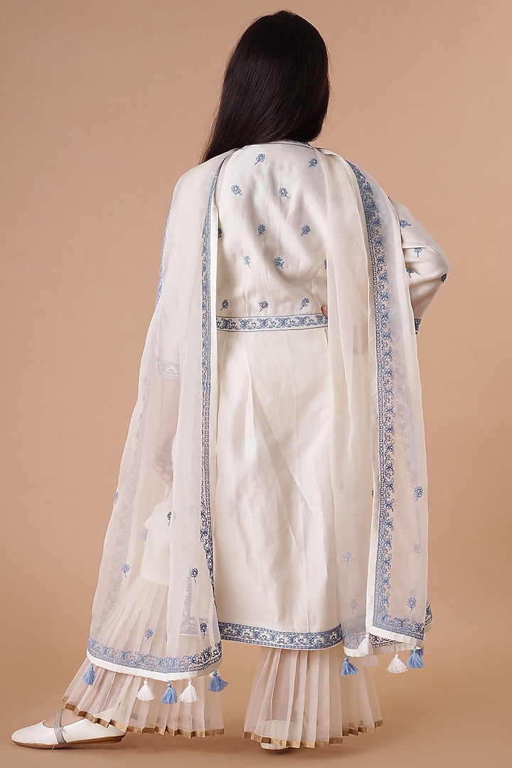 Ivory & Blue Chanderi Embroidered Sharara Set For Girls by Lil Gems by RAR Studio at Pernia's Pop Up Shop