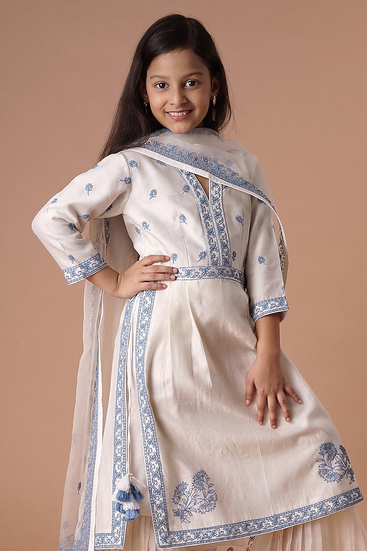 Ivory & Blue Chanderi Embroidered Sharara Set For Girls by Lil Gems by RAR Studio at Pernia's Pop Up Shop