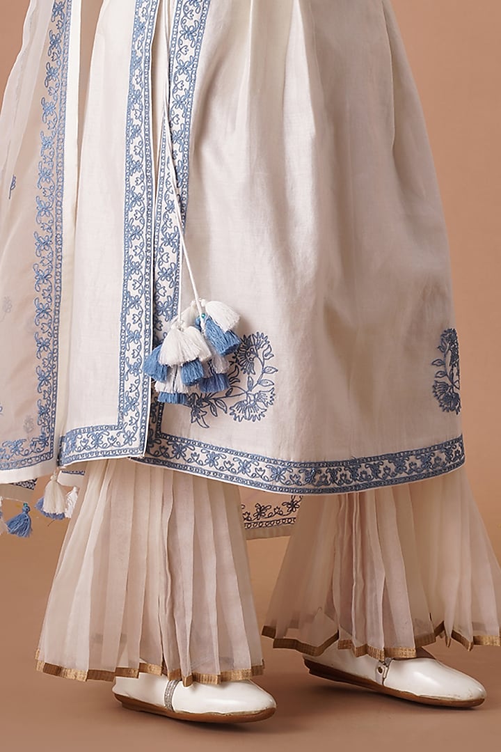 Ivory & Blue Chanderi Embroidered Sharara Set For Girls by Lil Gems by RAR Studio at Pernia's Pop Up Shop