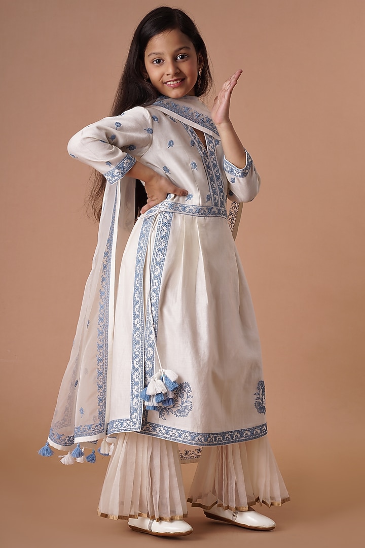 Ivory & Blue Chanderi Embroidered Sharara Set For Girls by Lil Gems by RAR Studio at Pernia's Pop Up Shop