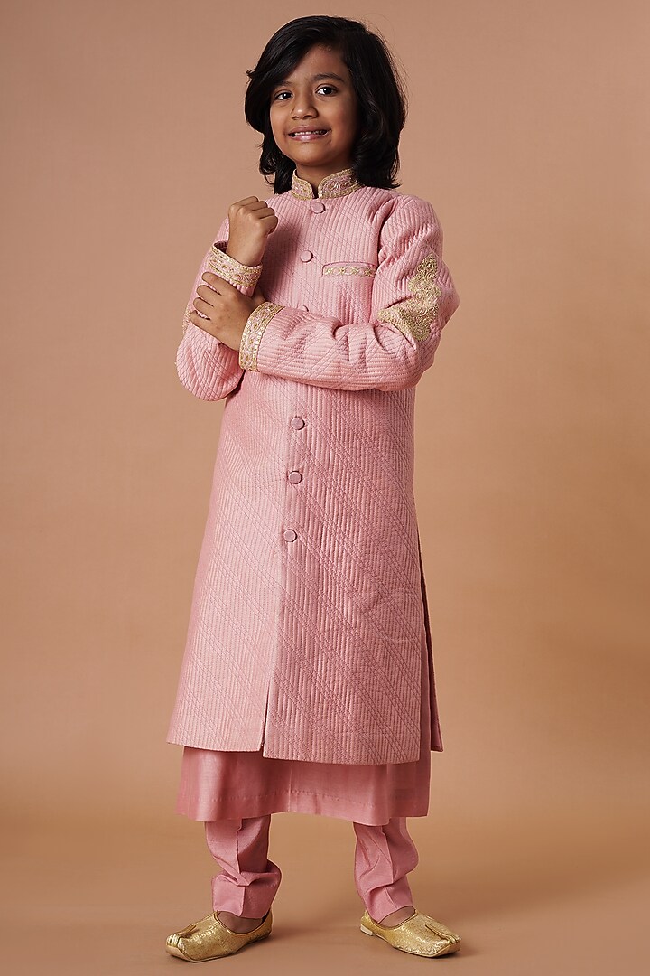 Old Rose Chanderi Embroidered Indowestern Set For Boys by Lil Gems by RAR Studio at Pernia's Pop Up Shop