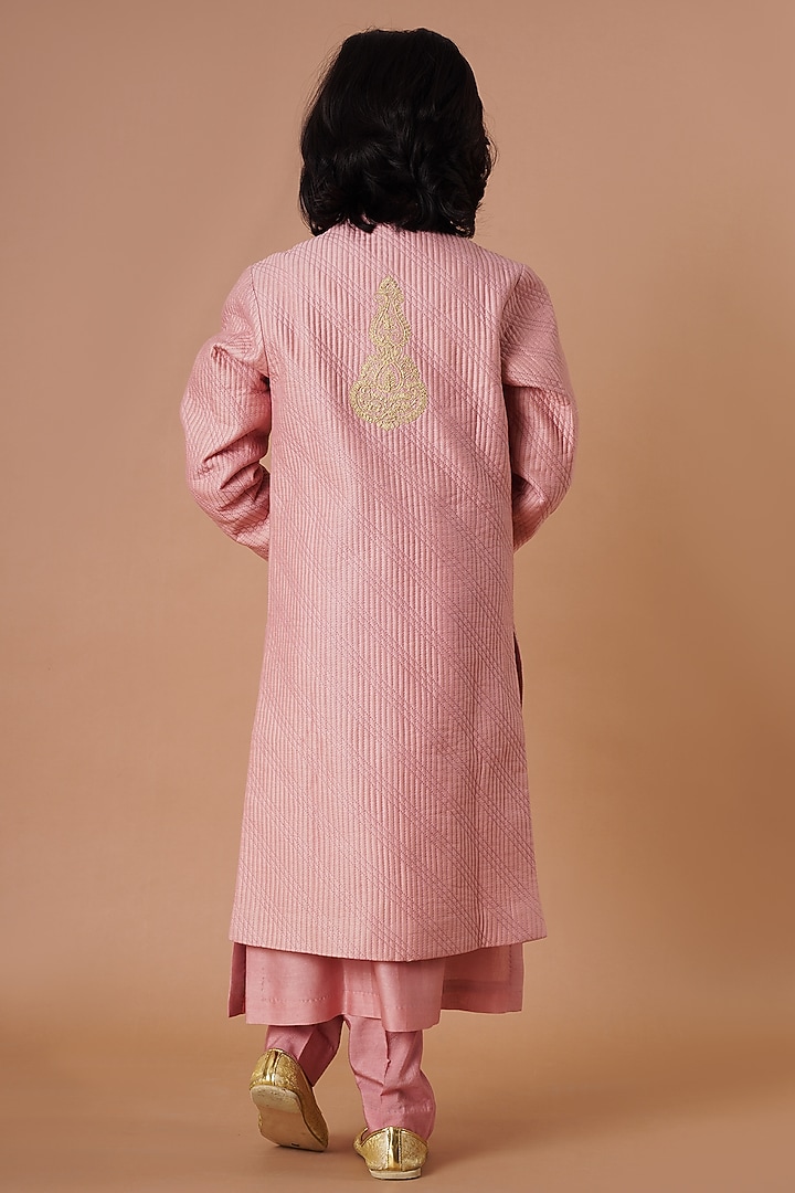 Old Rose Chanderi Embroidered Indowestern Set For Boys by Lil Gems by RAR Studio at Pernia's Pop Up Shop