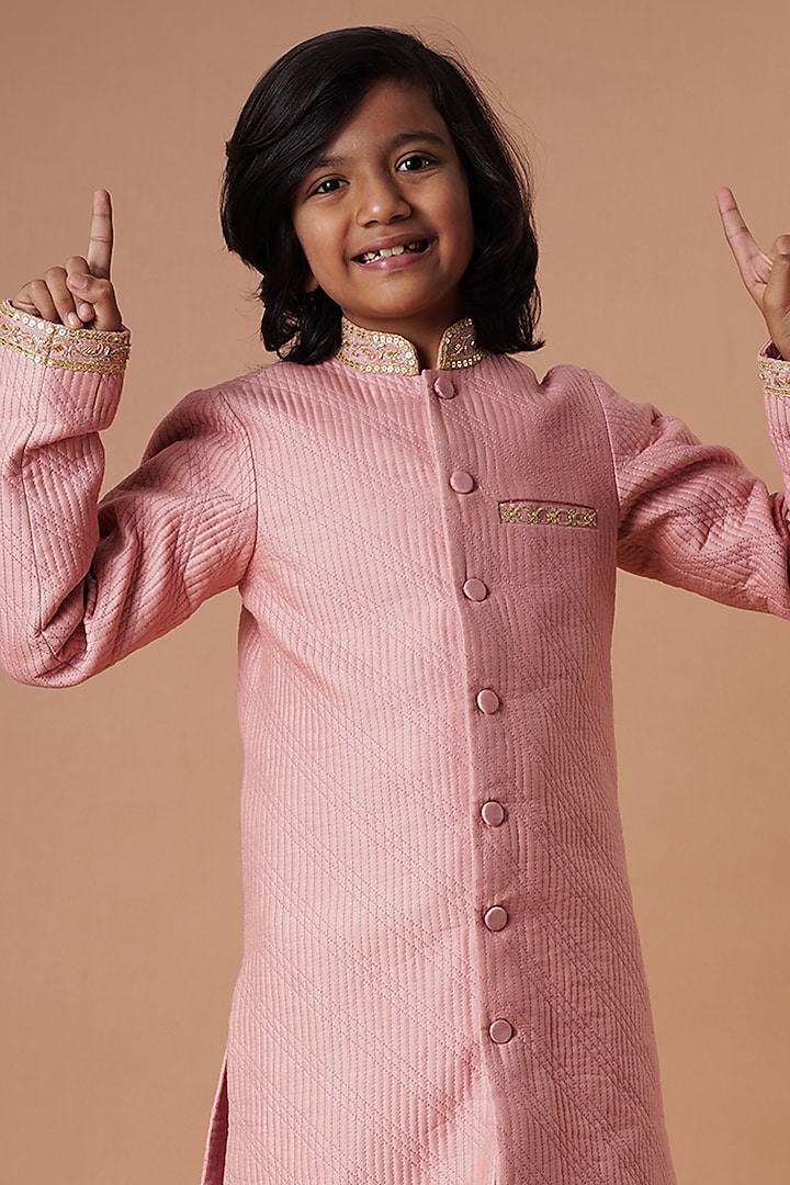 Old Rose Chanderi Embroidered Indowestern Set For Boys by Lil Gems by RAR Studio at Pernia's Pop Up Shop
