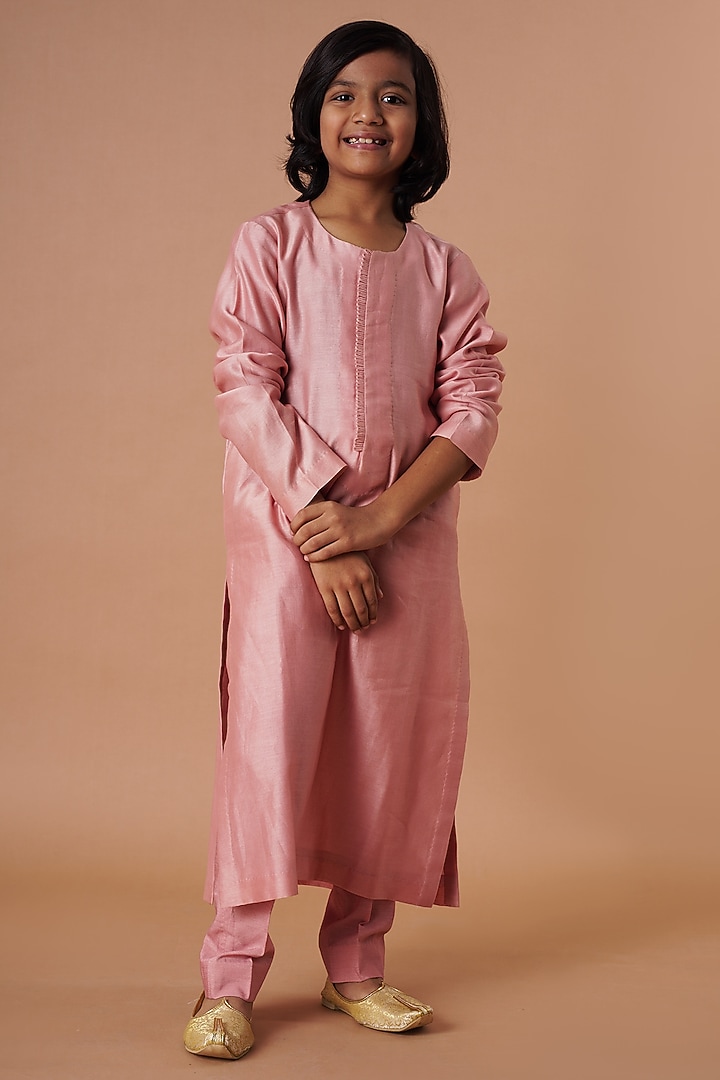 Old Rose Chanderi Embroidered Indowestern Set For Boys by Lil Gems by RAR Studio at Pernia's Pop Up Shop