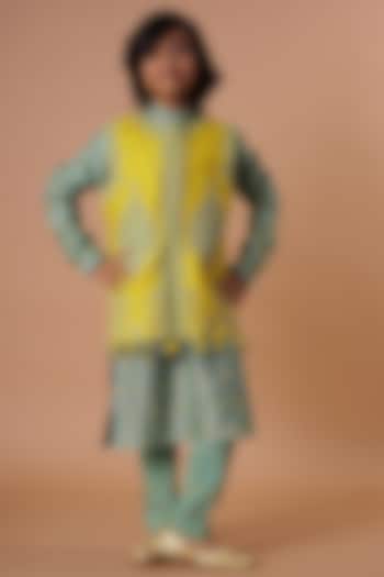 Yellow & Moss Green Embroidered Bundi Jacket With Kurta Set For Boys by Lil Gems by RAR Studio