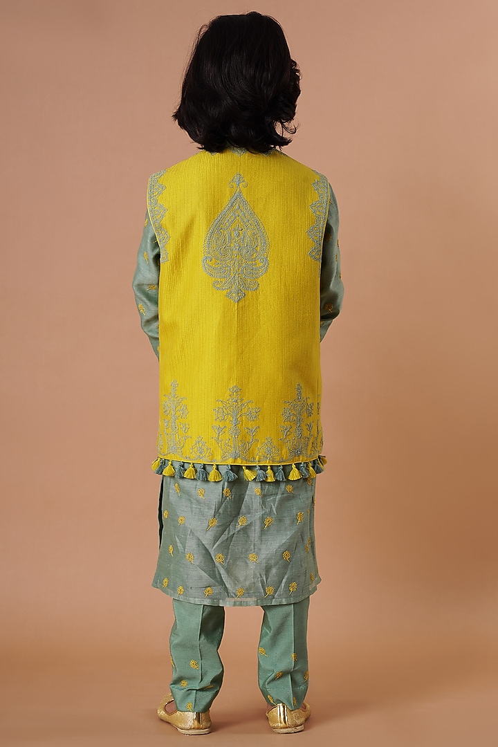 Yellow & Moss Green Embroidered Bundi Jacket With Kurta Set For Boys by Lil Gems by RAR Studio at Pernia's Pop Up Shop