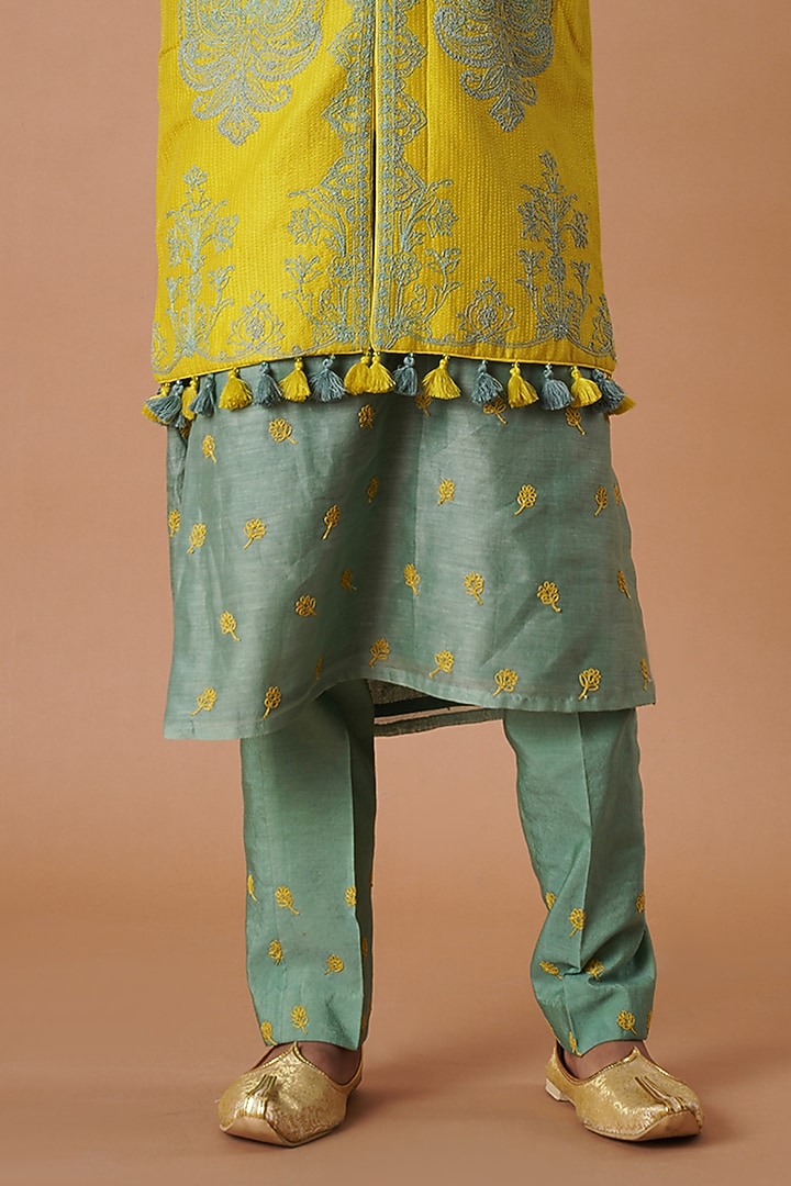 Yellow & Moss Green Embroidered Bundi Jacket With Kurta Set For Boys by Lil Gems by RAR Studio at Pernia's Pop Up Shop