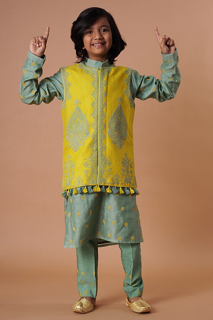 Yellow & Moss Green Embroidered Bundi Jacket With Kurta Set For Boys by Lil Gems by RAR Studio at Pernia's Pop Up Shop