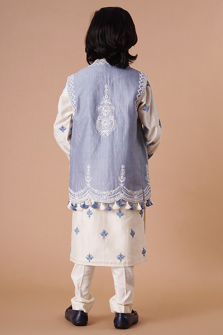 Blue Chanderi Embroidered Bundi Jacket Set For Boys by Lil Gems by RAR Studio at Pernia's Pop Up Shop