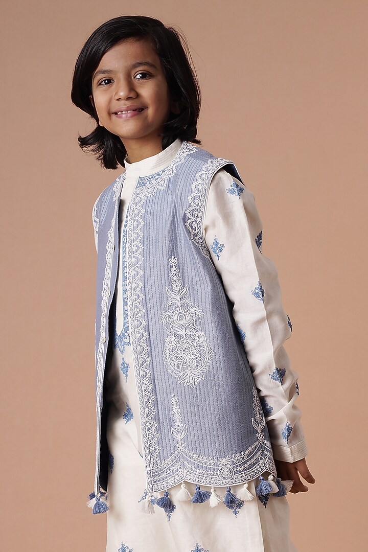 Blue Chanderi Embroidered Bundi Jacket Set For Boys by Lil Gems by RAR Studio at Pernia's Pop Up Shop