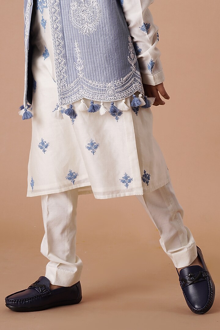 Blue Chanderi Embroidered Bundi Jacket Set For Boys by Lil Gems by RAR Studio at Pernia's Pop Up Shop
